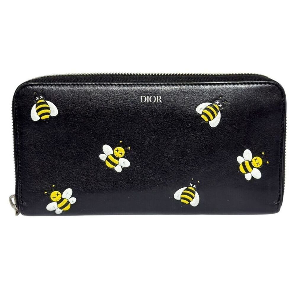 Christian Dior Dior Men's KAWS Long Wallet, Zip-around Bee Design, Black Leather